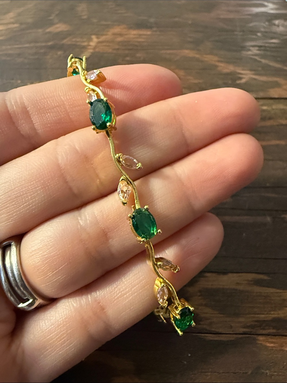 Gold Plated Bracelet with Emerald Green Gem Accents - Women Jewelry